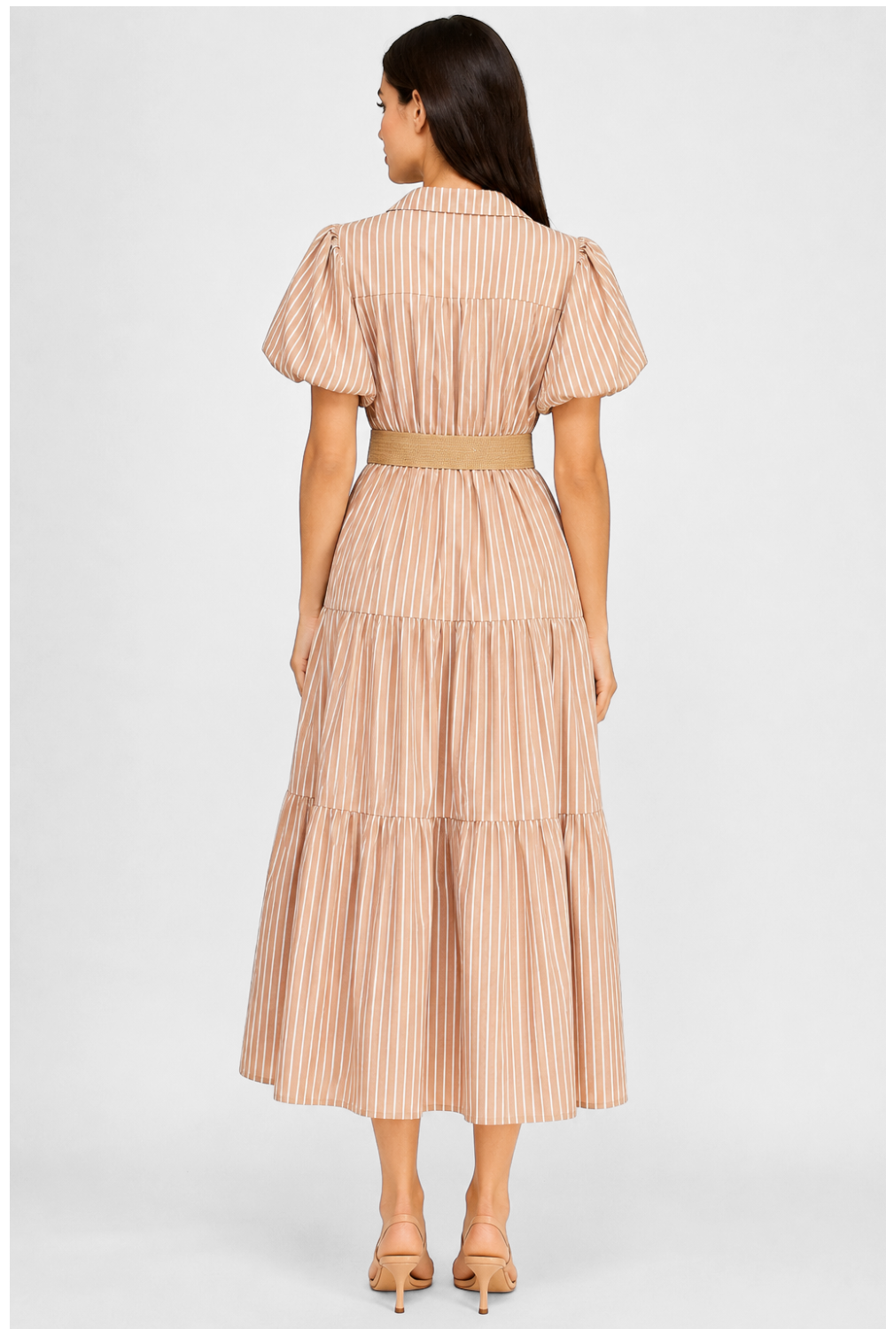 Stripe Puff Sleeve Belted Poplin Shirt Dress | Collared Tiered