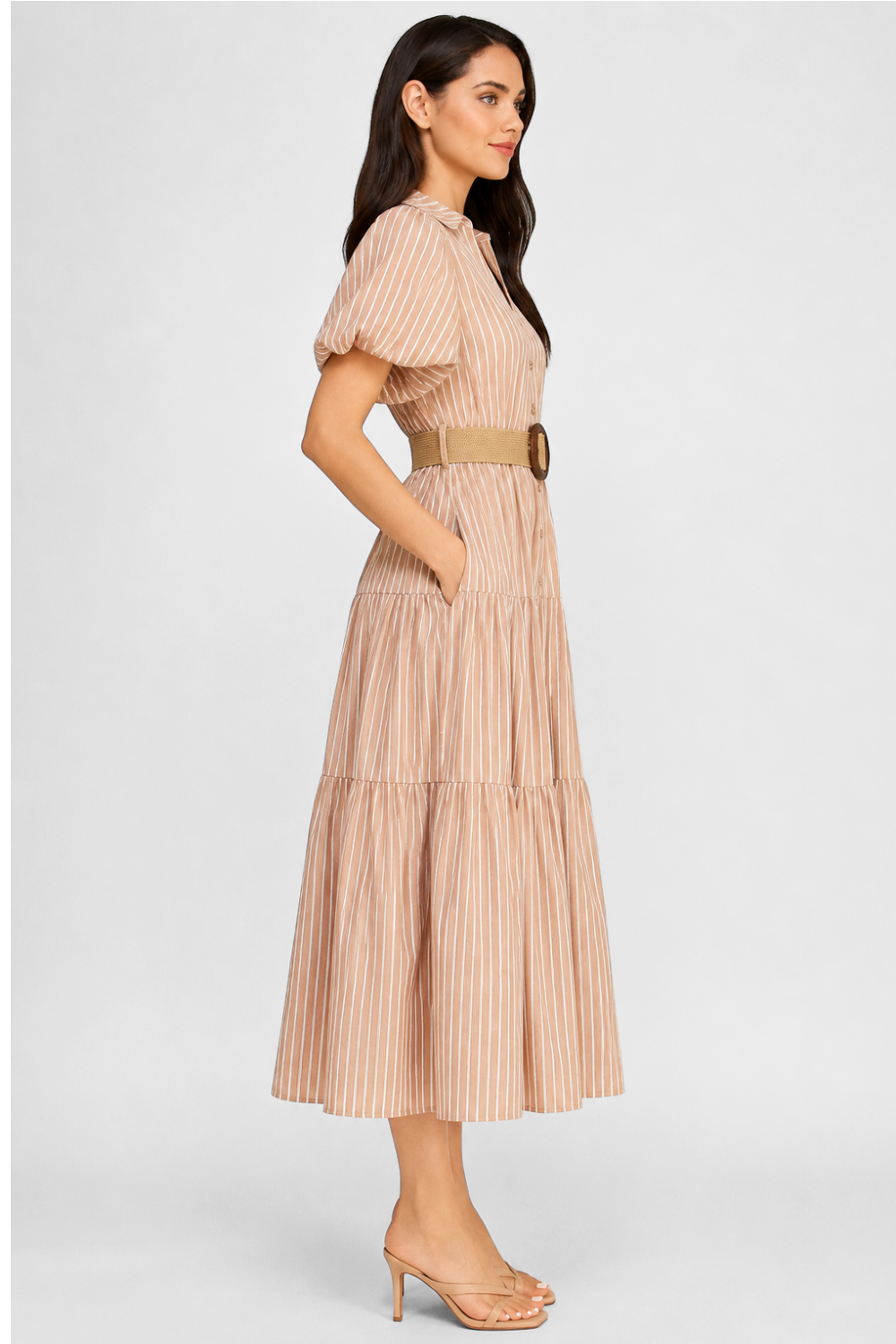 Stripe Puff Sleeve Belted Poplin Shirt Dress | Collared Tiered