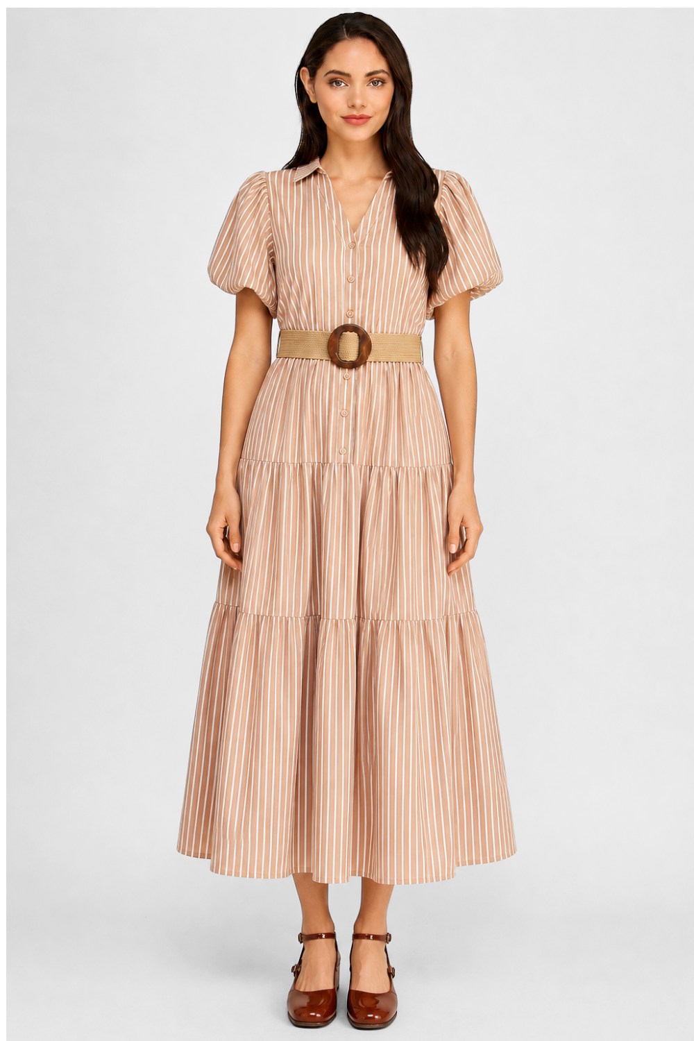 Stripe Puff Sleeve Belted Poplin Shirt Dress | Collared Tiered