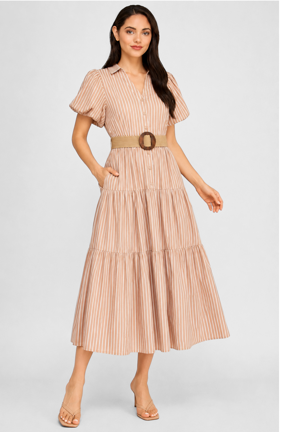 Stripe Puff Sleeve Belted Poplin Shirt Dress | Collared Tiered