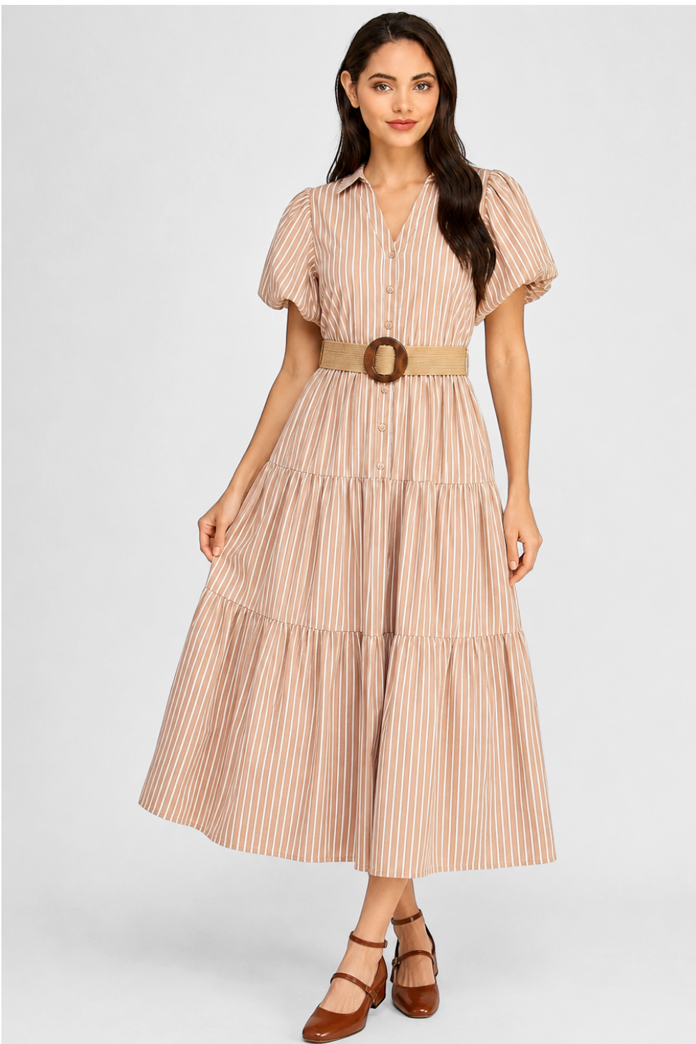 Stripe Puff Sleeve Belted Poplin Shirt Dress | Collared Tiered