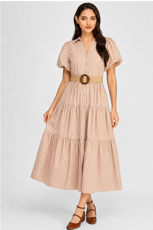 Stripe Puff Sleeve Belted Poplin Shirt Dress | Collared Tiered