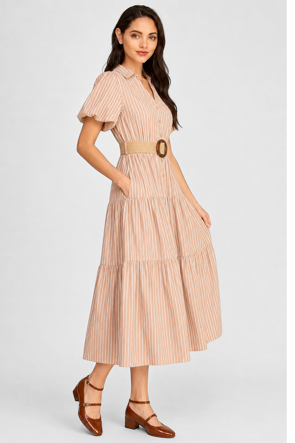 Stripe Puff Sleeve Belted Poplin Shirt Dress | Collared Tiered