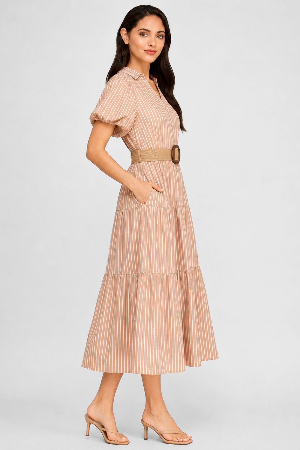 Stripe Puff Sleeve Belted Poplin Shirt Dress | Collared Tiered