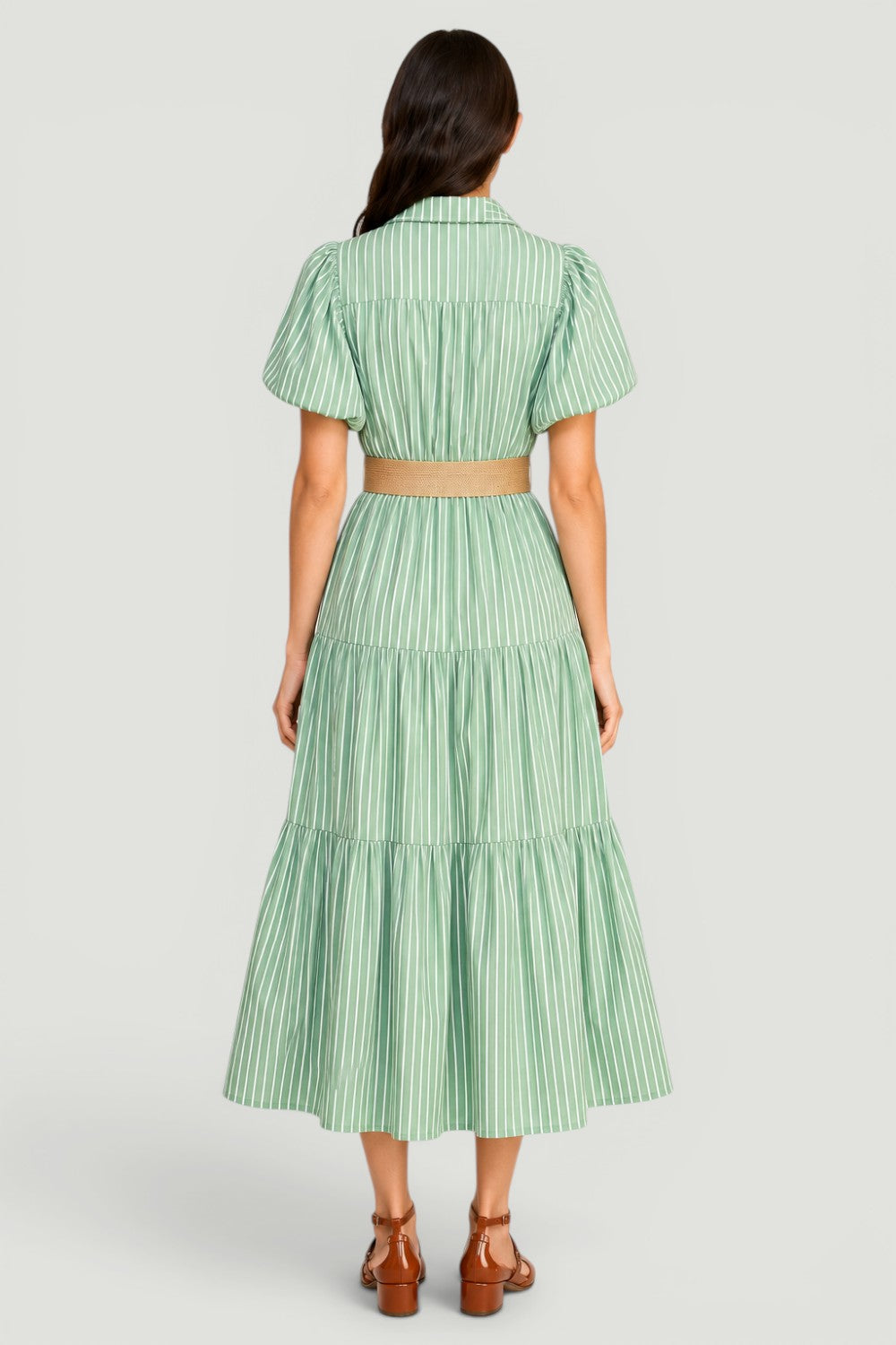 Stripe Puff Sleeve Belted Poplin Shirt Dress | Collared Tiered