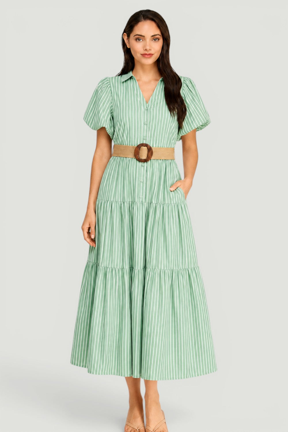 Stripe Puff Sleeve Belted Poplin Shirt Dress | Collared Tiered