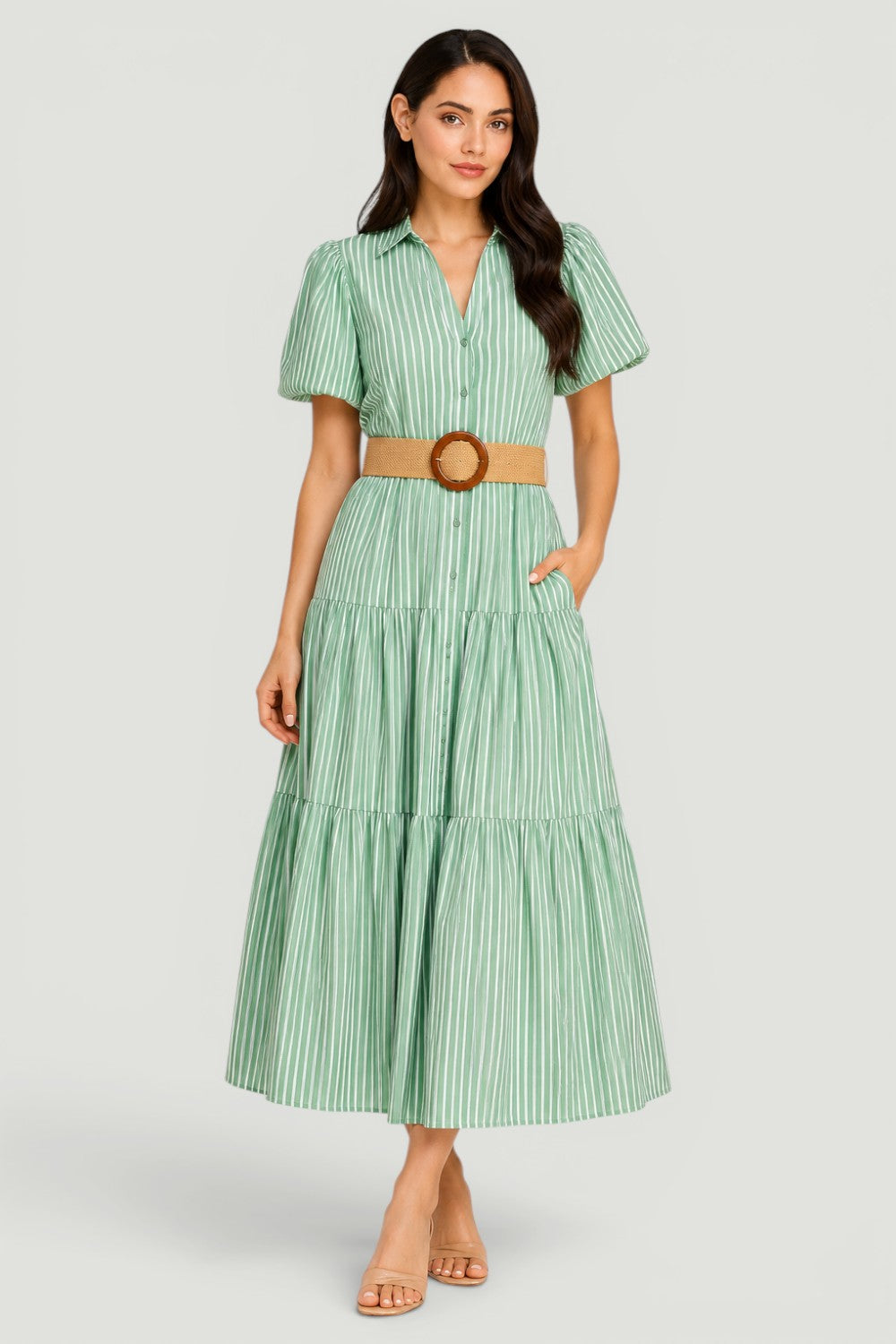 Stripe Puff Sleeve Belted Poplin Shirt Dress | Collared Tiered