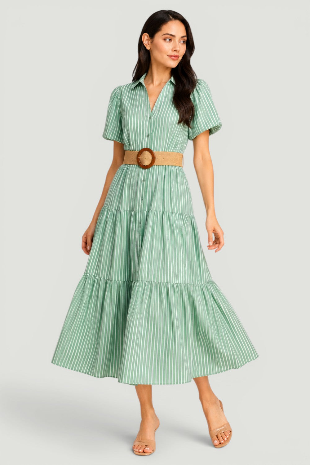 Stripe Puff Sleeve Belted Poplin Shirt Dress | Collared Tiered