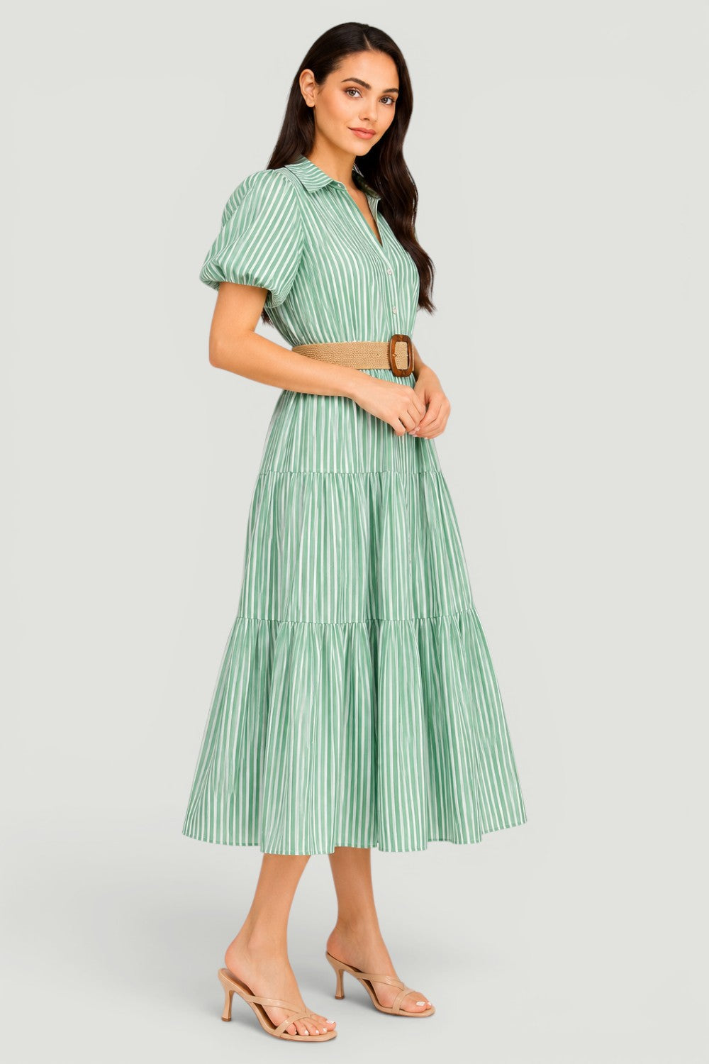 Stripe Puff Sleeve Belted Poplin Shirt Dress | Collared Tiered