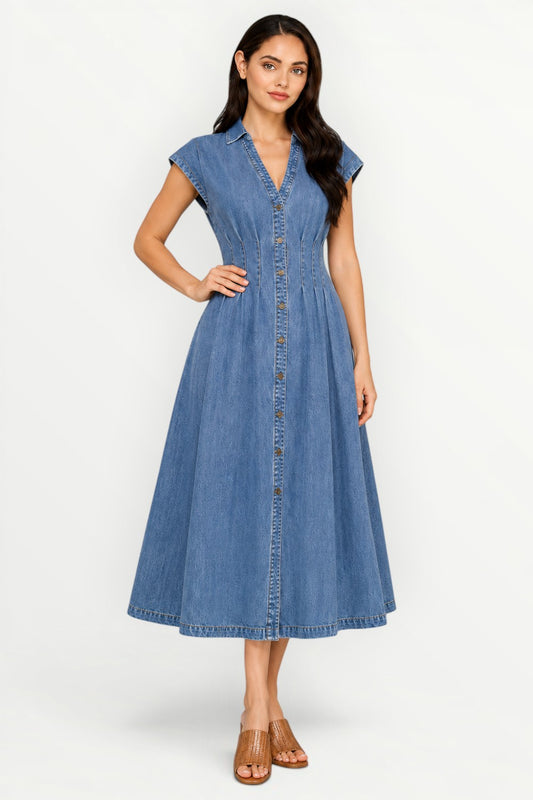 Washed Denim Maxi Dress | Button Front A-Line Collared Cotton Denim