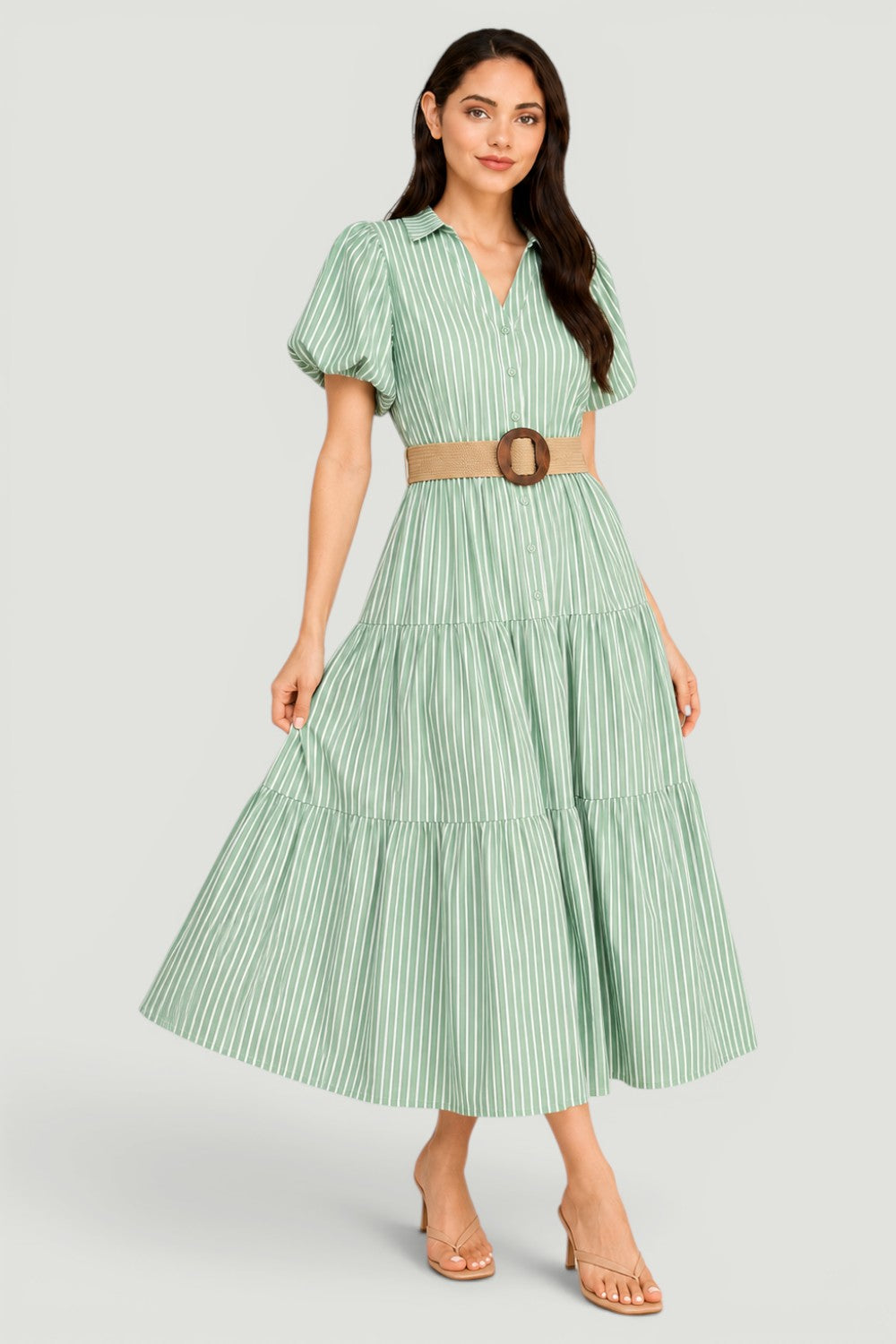 Stripe Puff Sleeve Belted Poplin Shirt Dress | Collared Tiered
