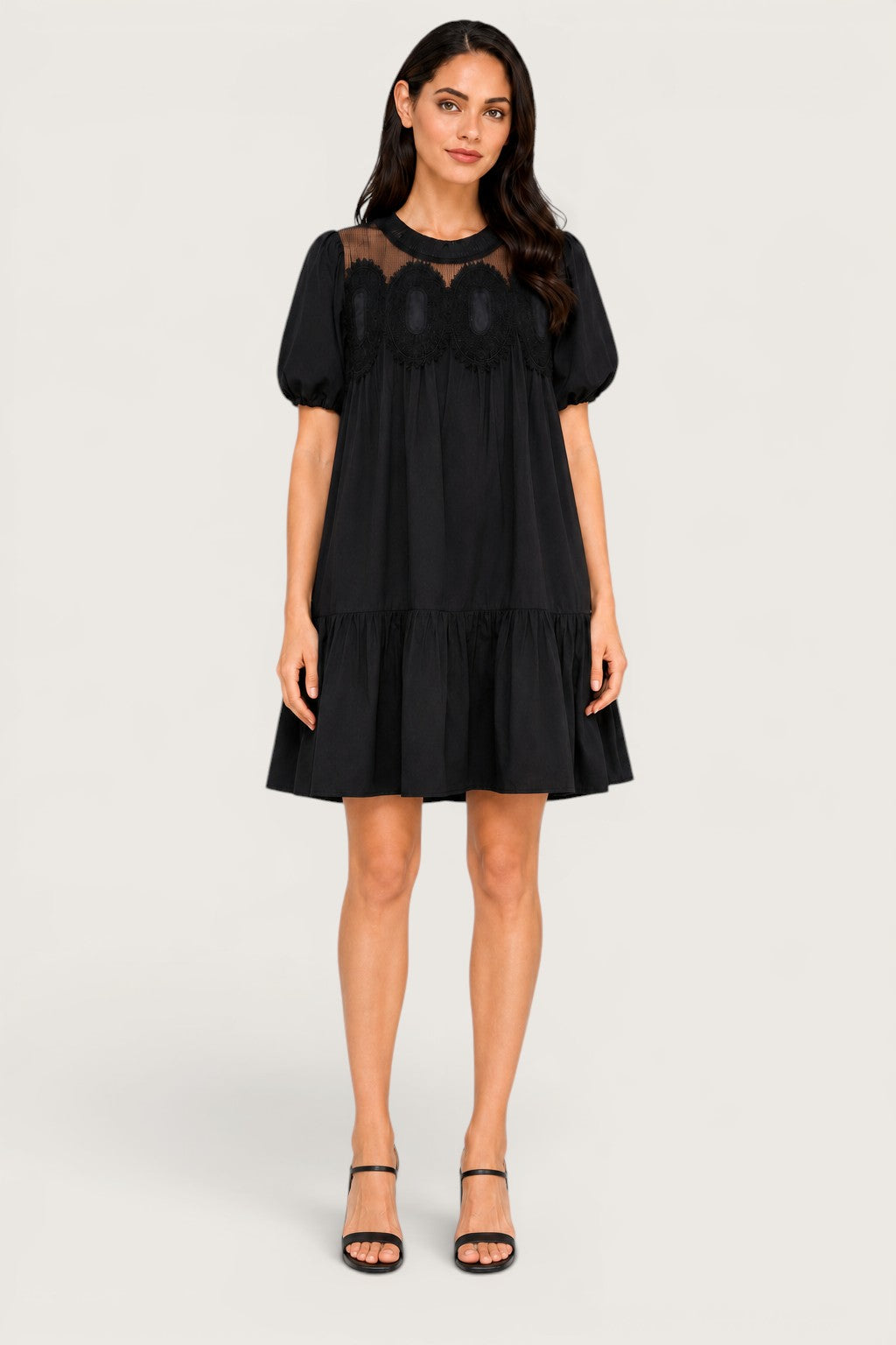 Crochet Lace Babydoll Mini Dress | Bubble Sleeve Tiered Boho Boutique
