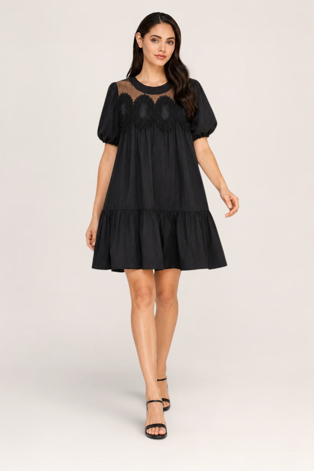 Crochet Lace Babydoll Mini Dress | Bubble Sleeve Tiered Boho Boutique