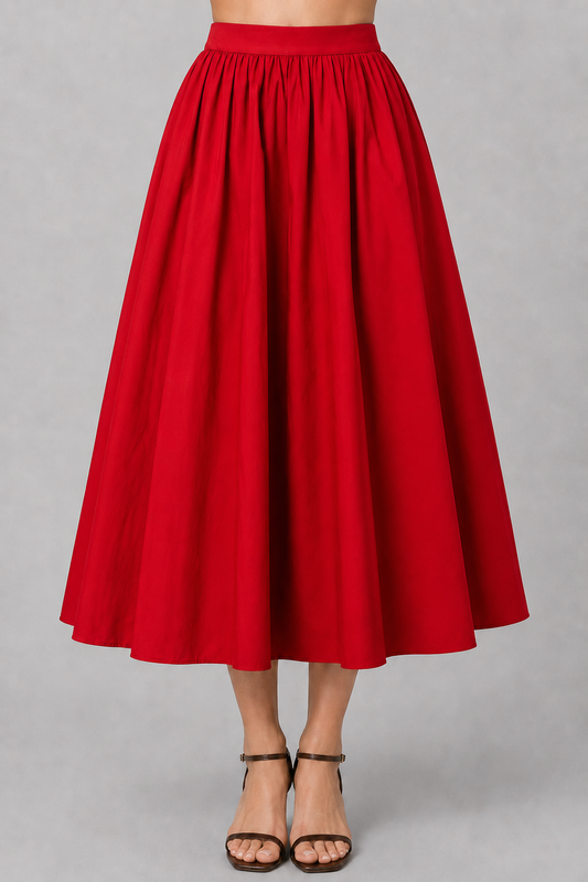 Poppy Red Cotton Poplin A-Line Midi Skirt | Elastic Waist Side Pocket