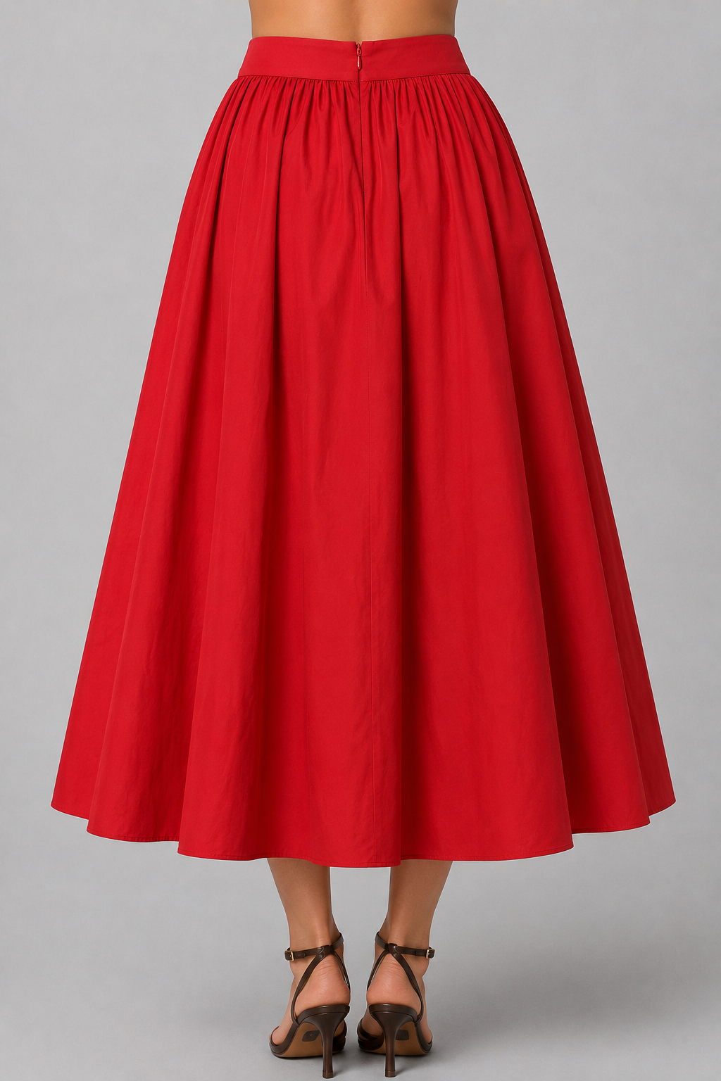 Poppy Red Cotton Poplin A-Line Midi Skirt | Elastic Waist Side Pocket