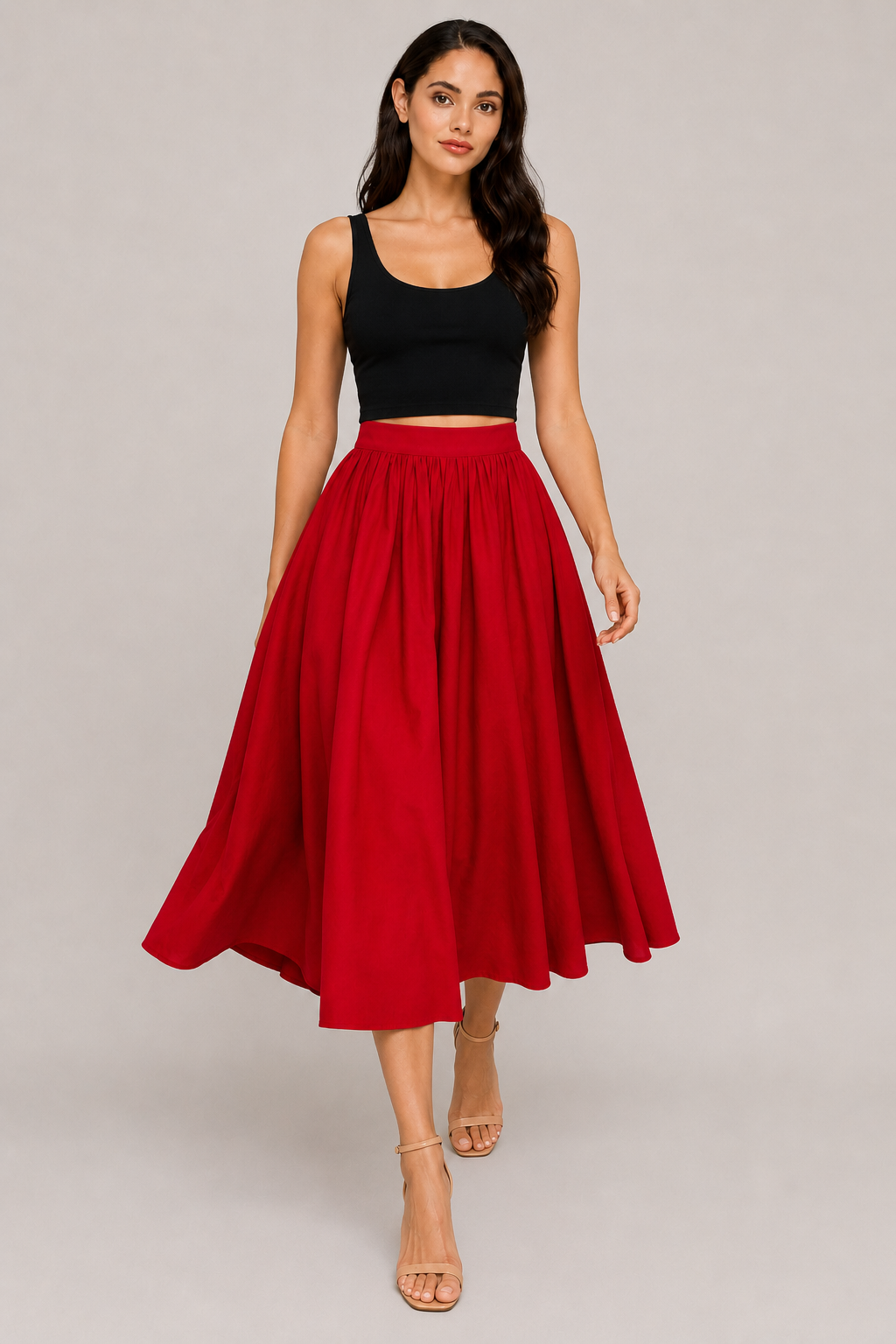 Poppy Red Cotton Poplin A-Line Midi Skirt | Elastic Waist Side Pocket