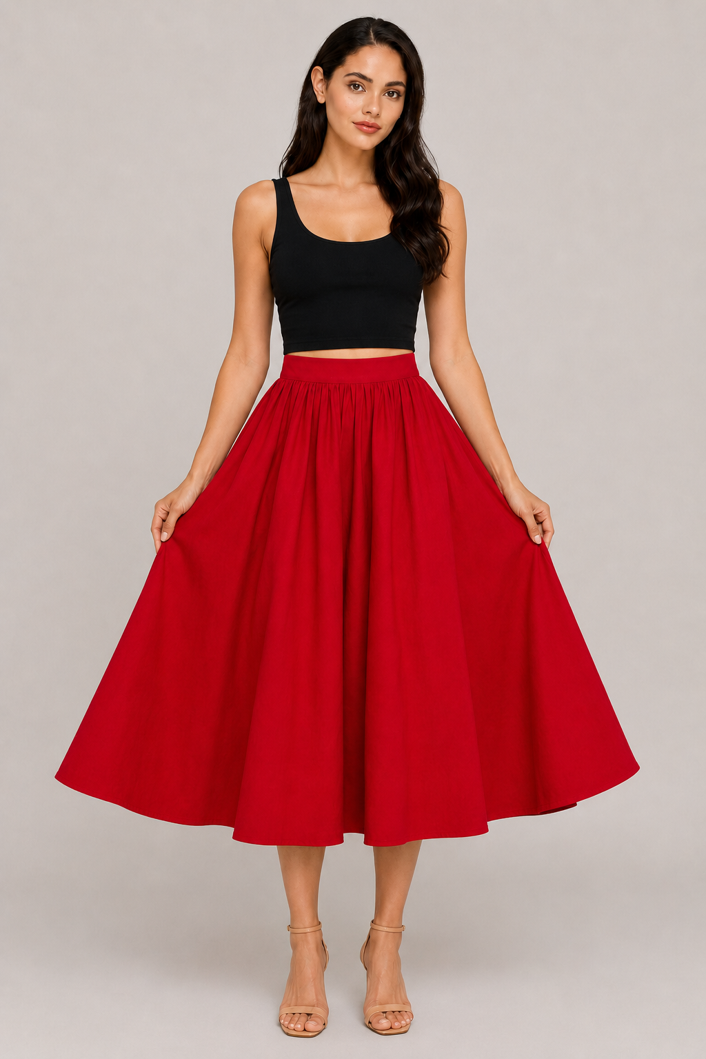 Poppy Red Cotton Poplin A-Line Midi Skirt | Elastic Waist Side Pocket