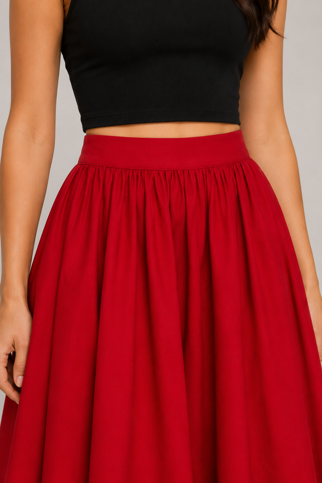 Poppy Red Cotton Poplin A-Line Midi Skirt | Elastic Waist Side Pocket