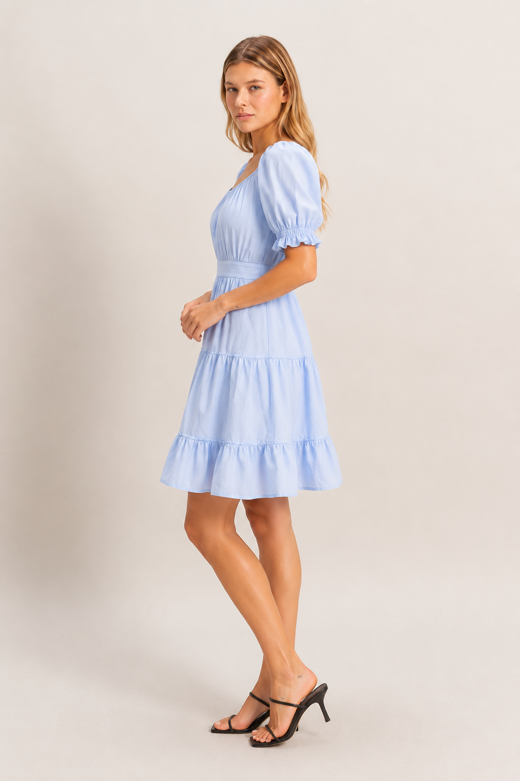 Square Neck Puff Sleeve Tiered Poplin Dress