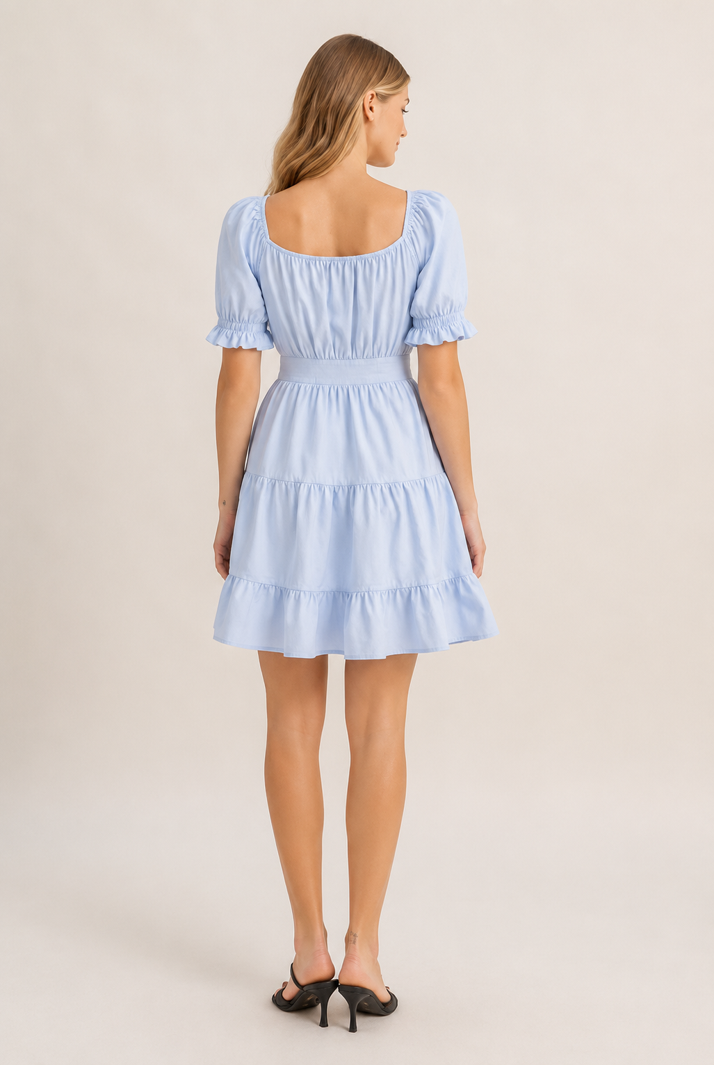 Square Neck Puff Sleeve Tiered Poplin Dress