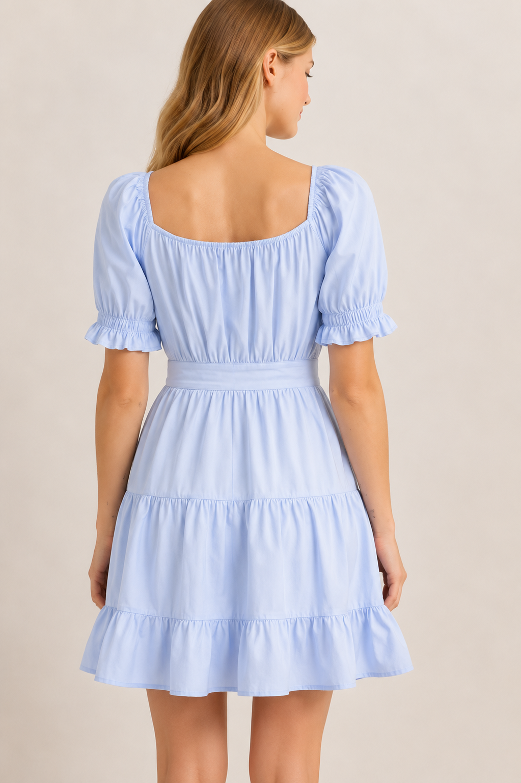 Square Neck Puff Sleeve Tiered Poplin Dress