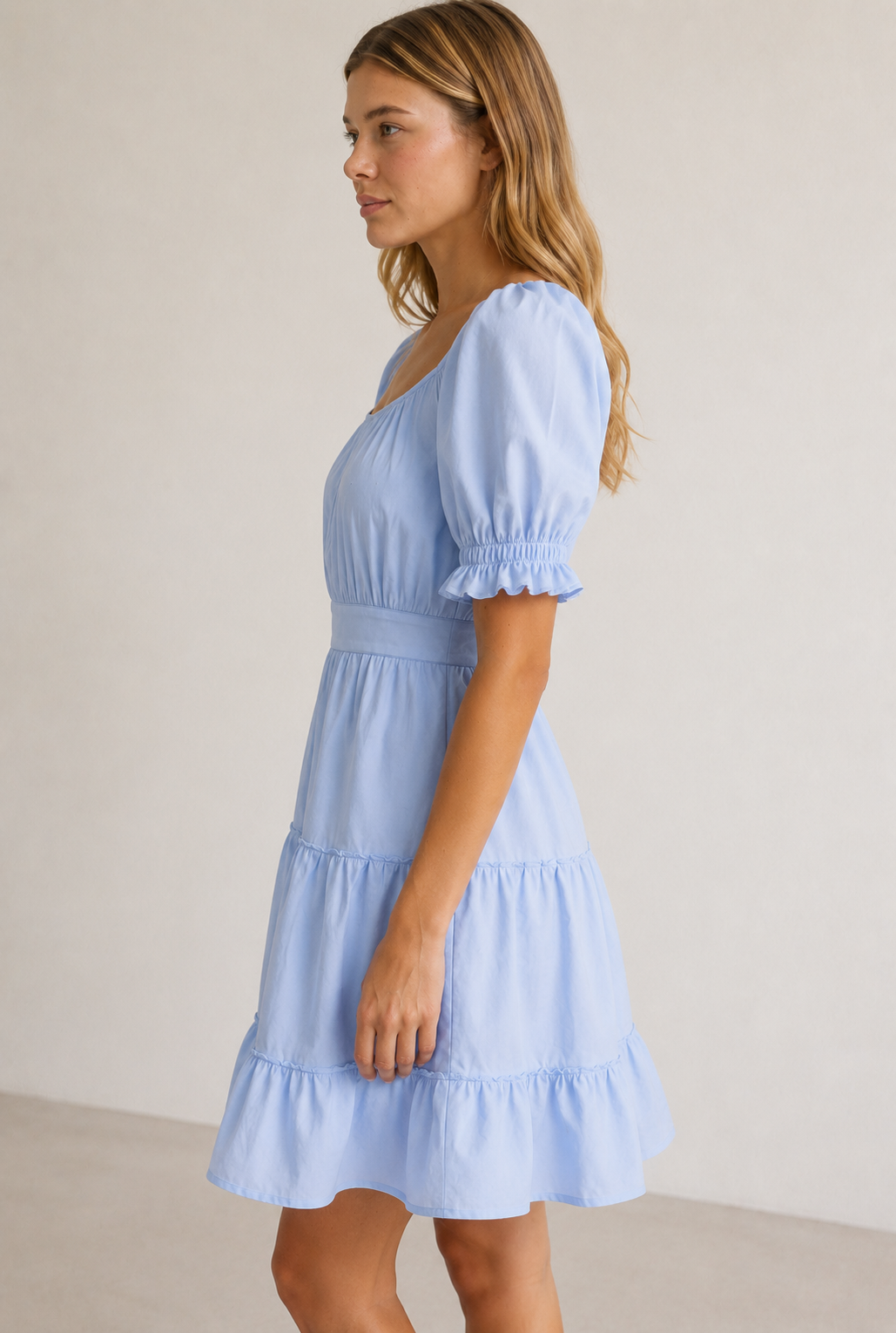 Square Neck Puff Sleeve Tiered Poplin Dress