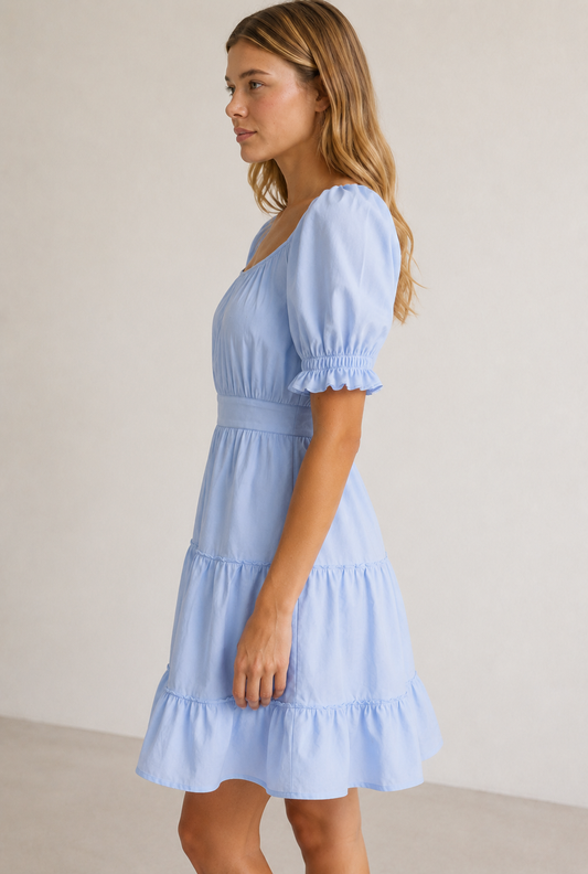 Square Neck Puff Sleeve Tiered Poplin Dress