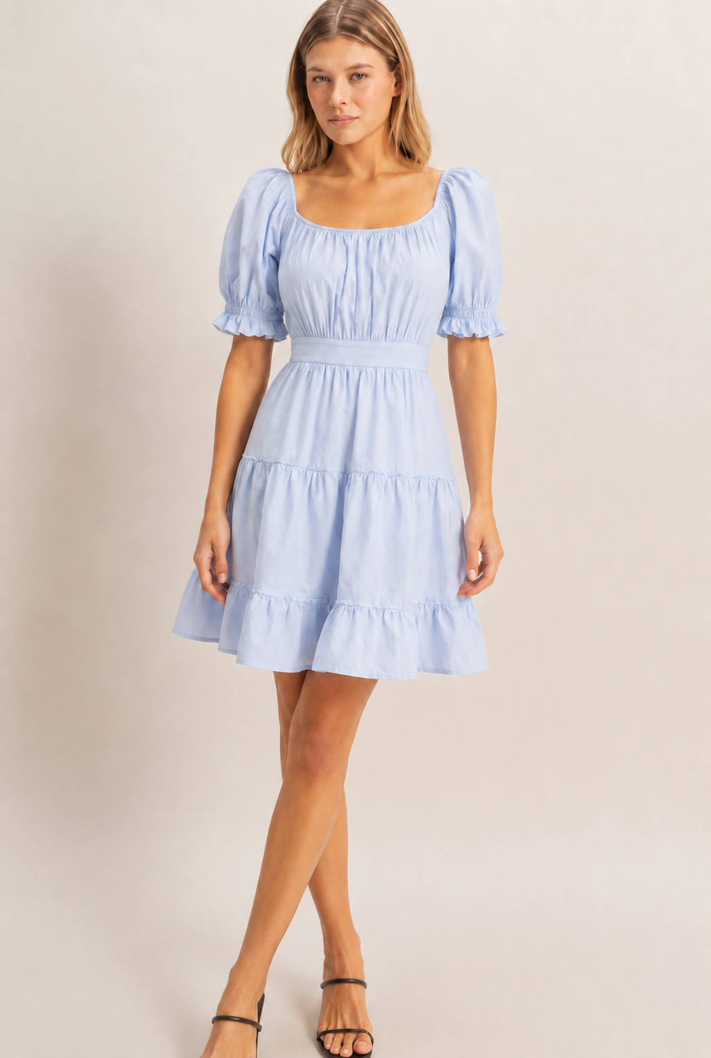 Square Neck Puff Sleeve Tiered Poplin Dress