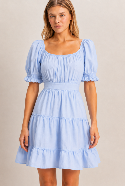 Square Neck Puff Sleeve Tiered Poplin Dress