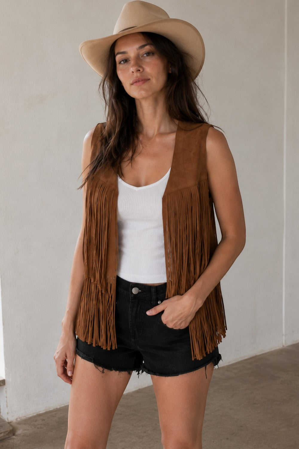 Brown Fringe Suede Vest Open Front Sleeveless Western Boho Women