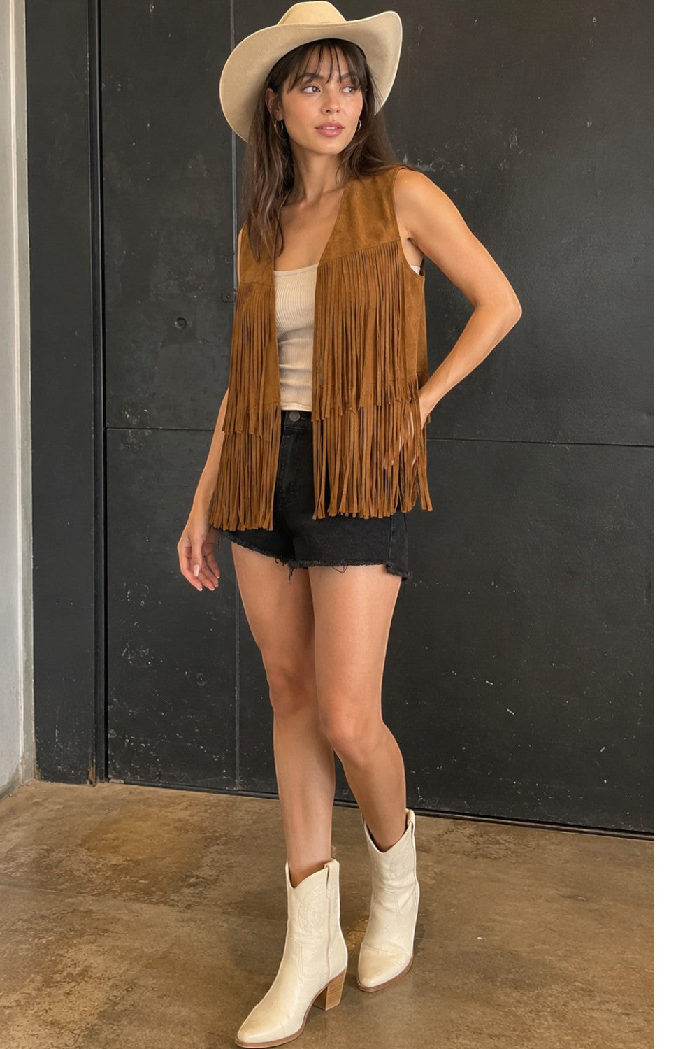 Brown Fringe Suede Vest Open Front Sleeveless Western Boho Women