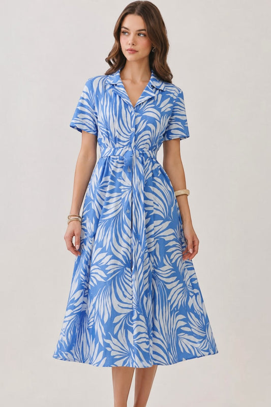 Blue Tropical Palm Print Shirt Dress