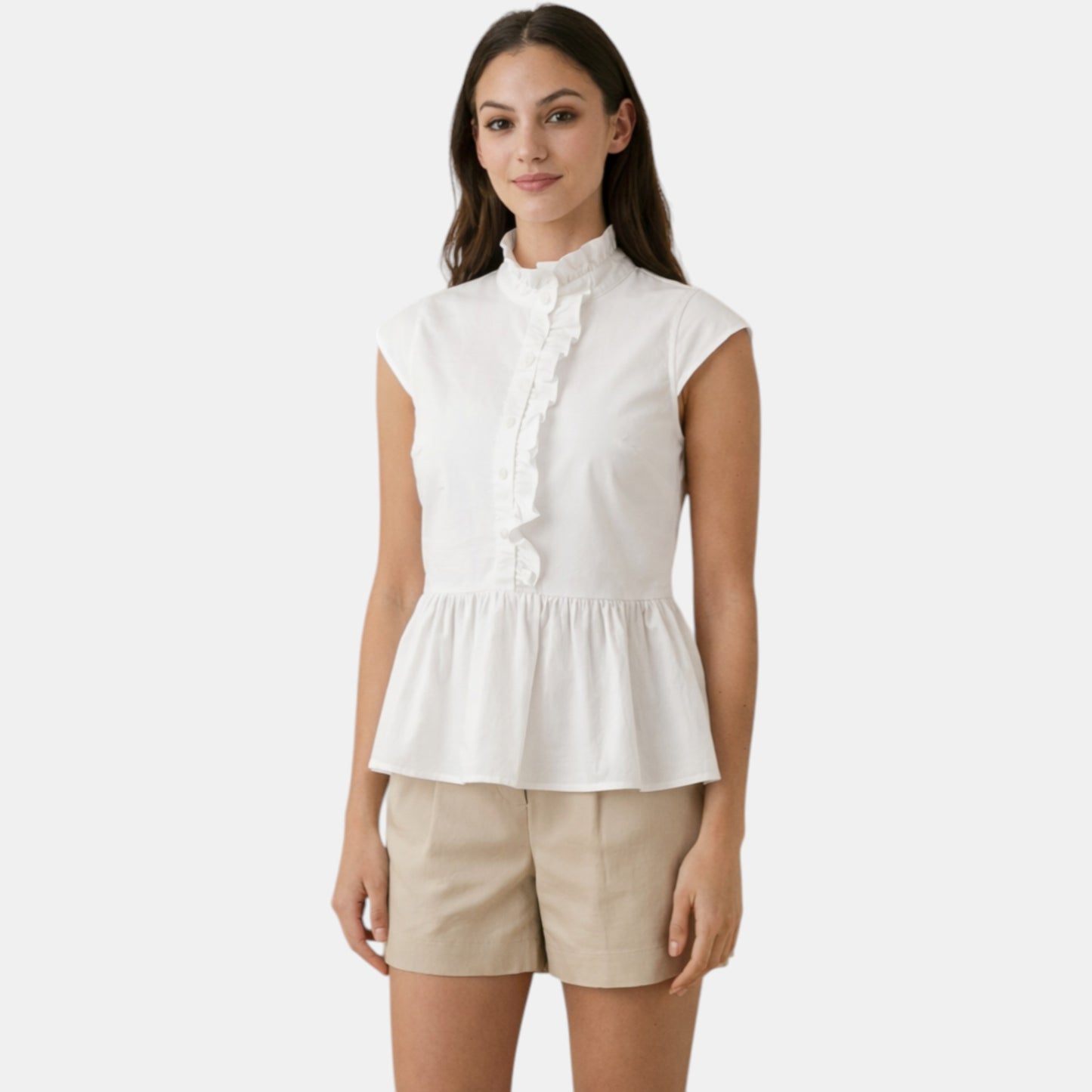 Ruffle Neck Peplum Cotton Blouse