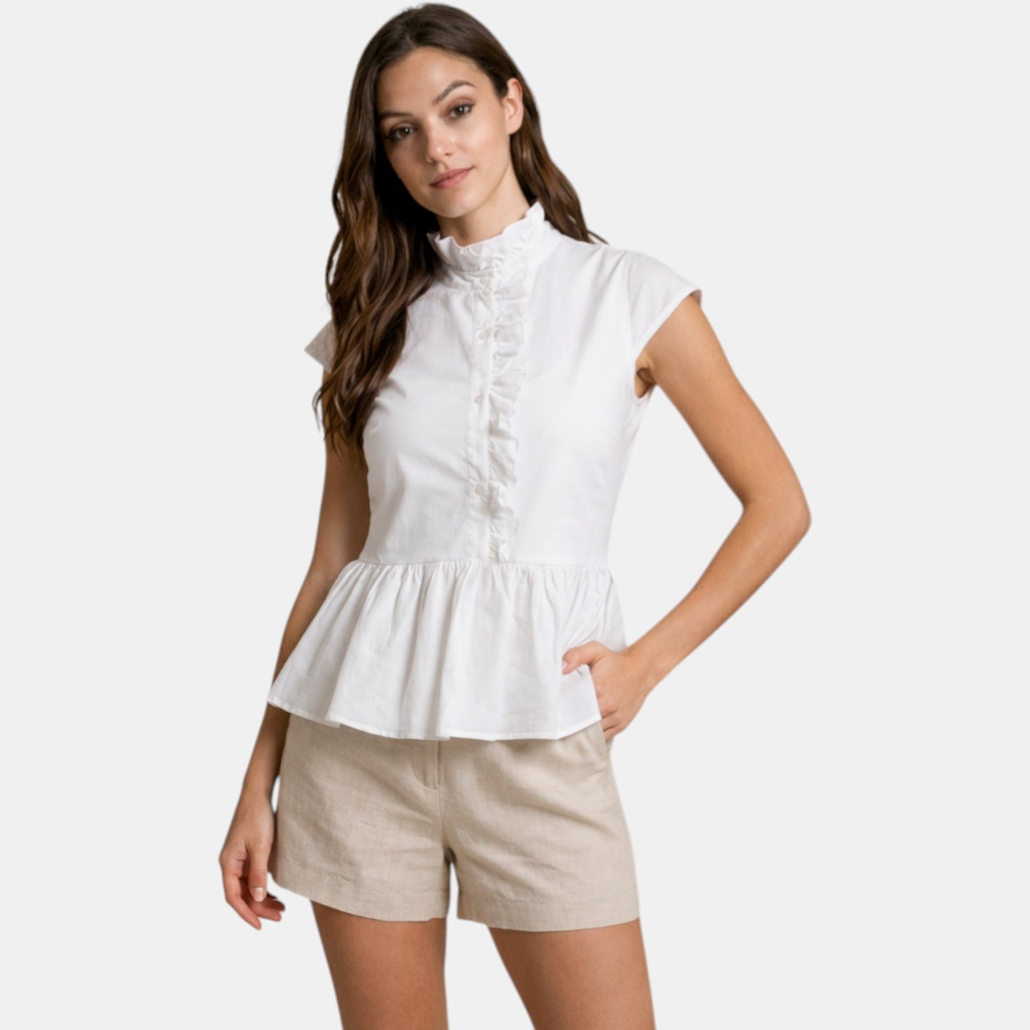 Ruffle Neck Peplum Cotton Blouse