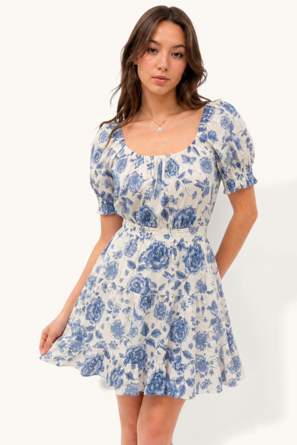 Blue Toile Floral Puff Sleeve Tiered Mini Dress Square Neck Summer