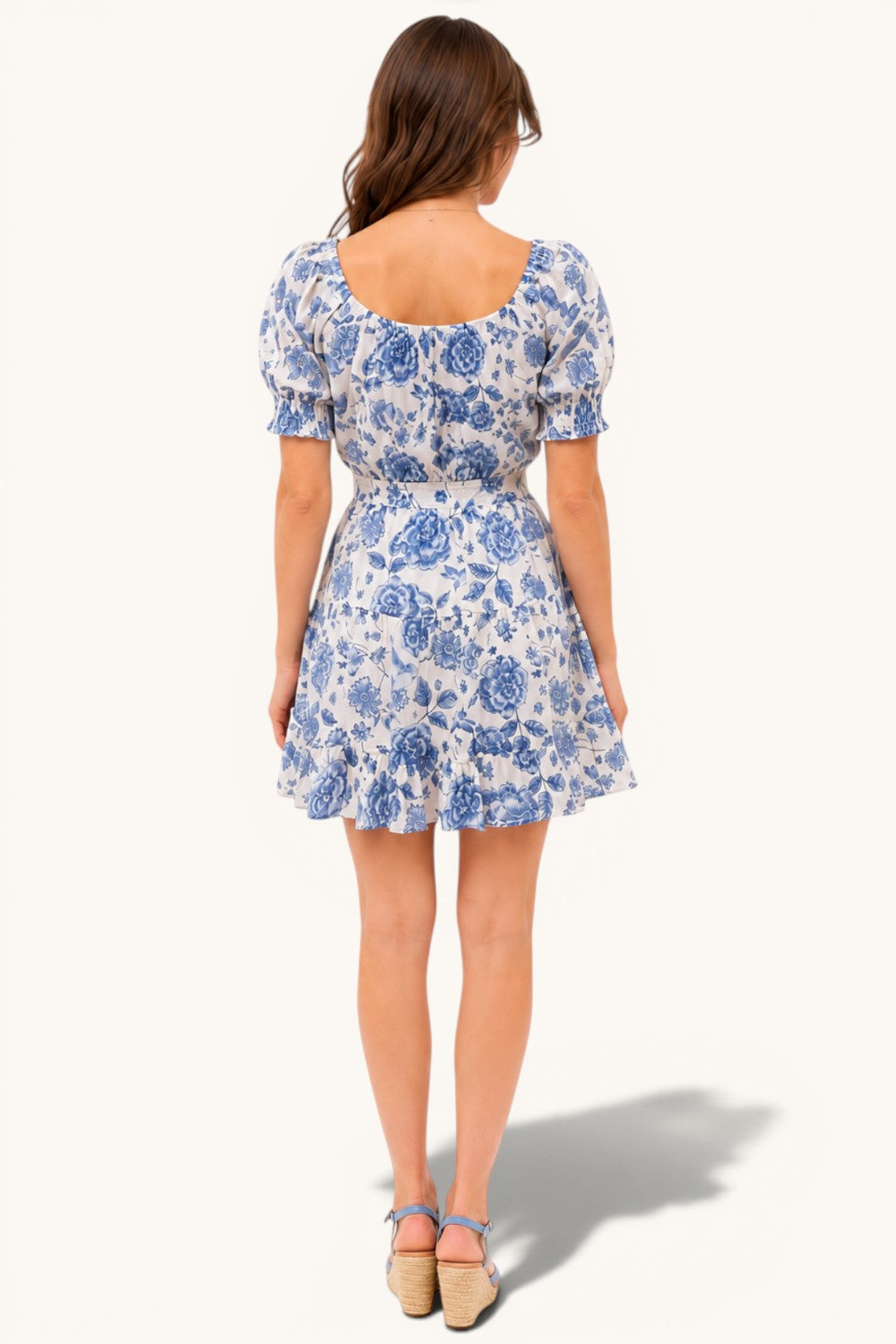 Blue Toile Floral Puff Sleeve Tiered Mini Dress Square Neck Summer