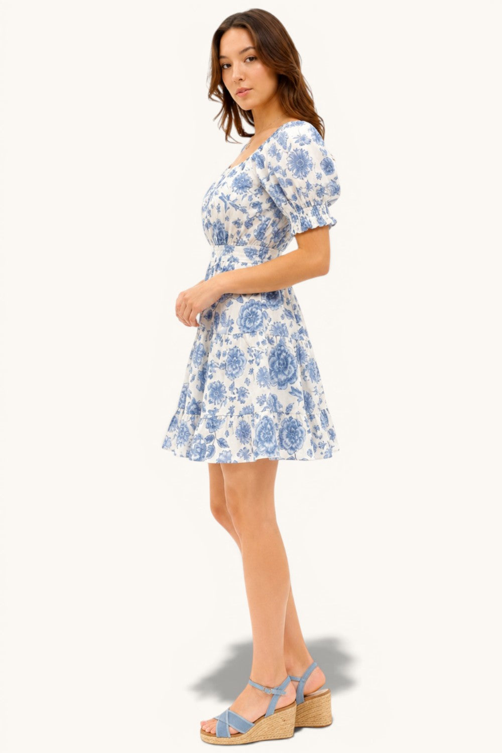 Blue Toile Floral Puff Sleeve Tiered Mini Dress Square Neck Summer