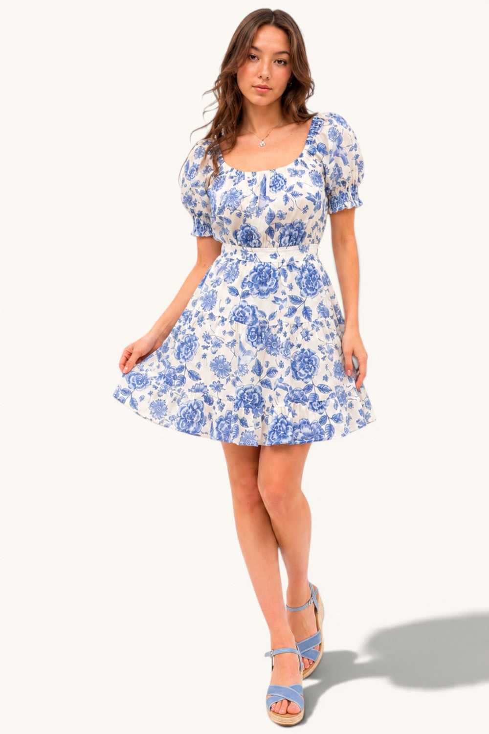 Blue Toile Floral Puff Sleeve Tiered Mini Dress Square Neck Summer