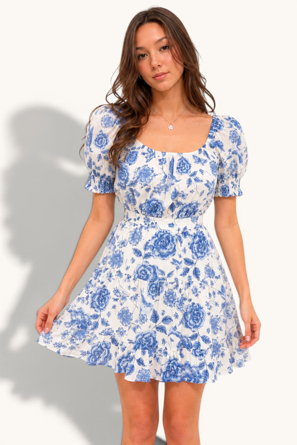 Blue Toile Floral Puff Sleeve Tiered Mini Dress Square Neck Summer