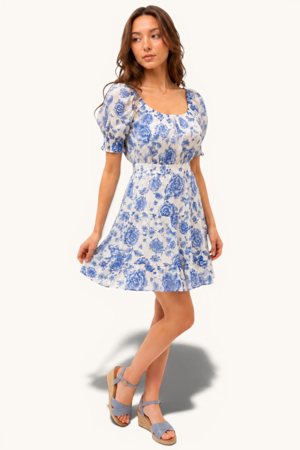 Blue Toile Floral Puff Sleeve Tiered Mini Dress Square Neck Summer