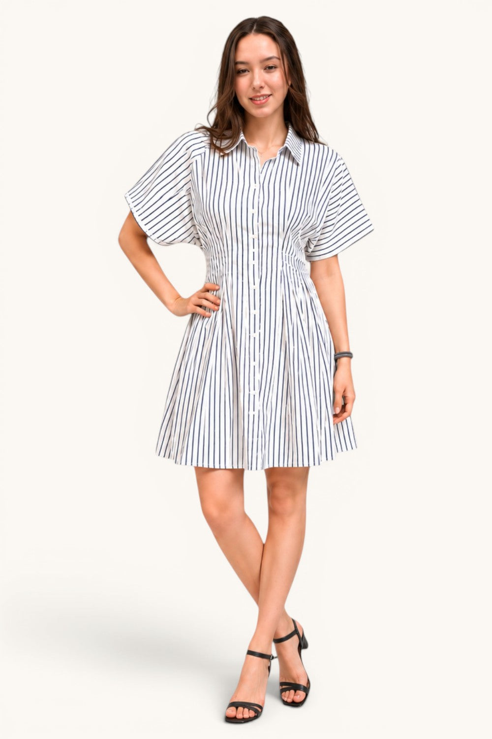 Vertical Stripe Button Down Pintuck Midi Dress