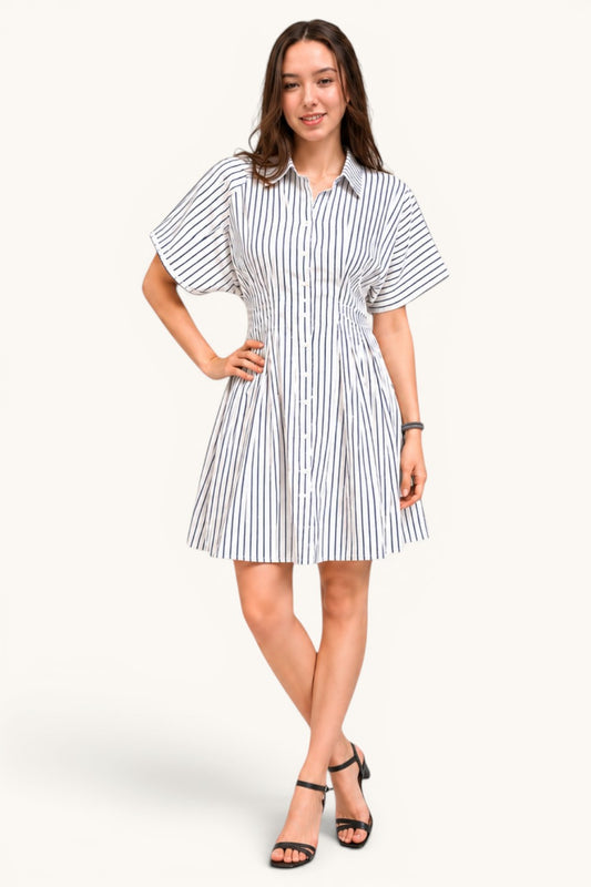 Vertical Stripe Button Down Pintuck Midi Dress