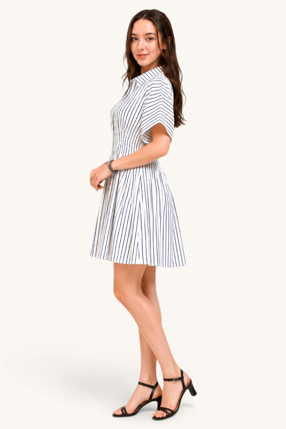 Vertical Stripe Button Down Pintuck Midi Dress