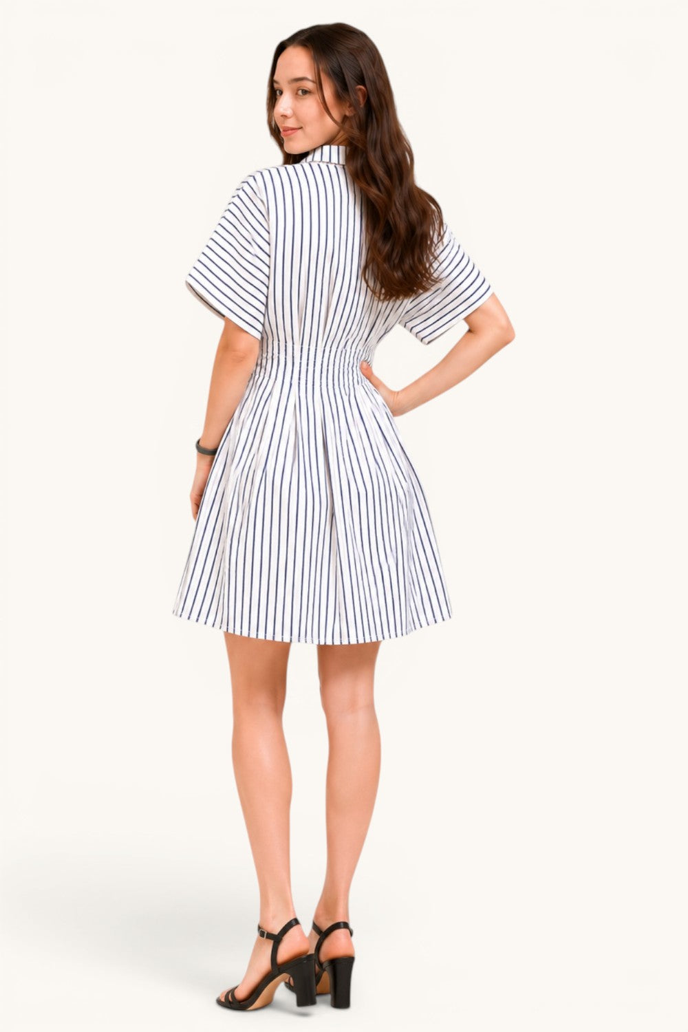 Vertical Stripe Button Down Pintuck Midi Dress