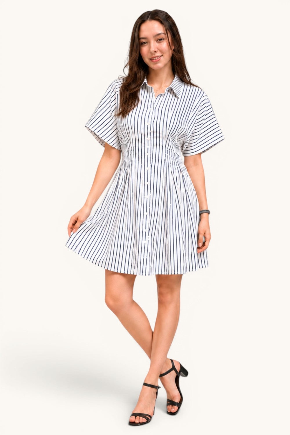 Vertical Stripe Button Down Pintuck Midi Dress