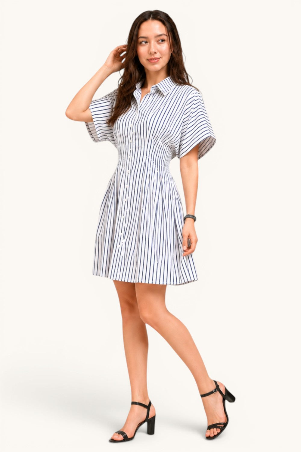 Vertical Stripe Button Down Pintuck Midi Dress