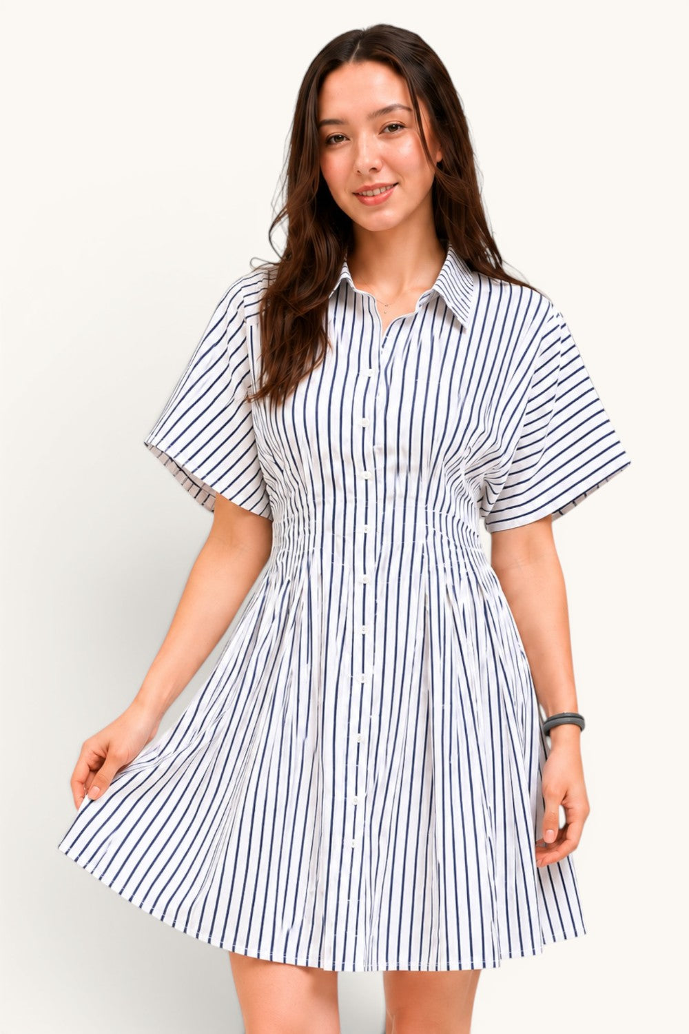 Vertical Stripe Button Down Pintuck Midi Dress