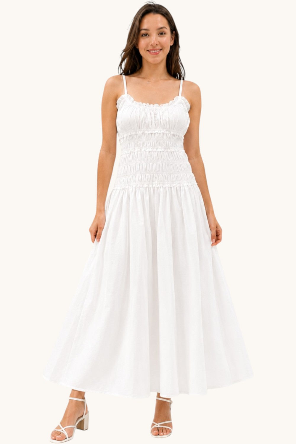 White Cotton Linen Cami Maxi Dress Non-Sheer Flowy Summer