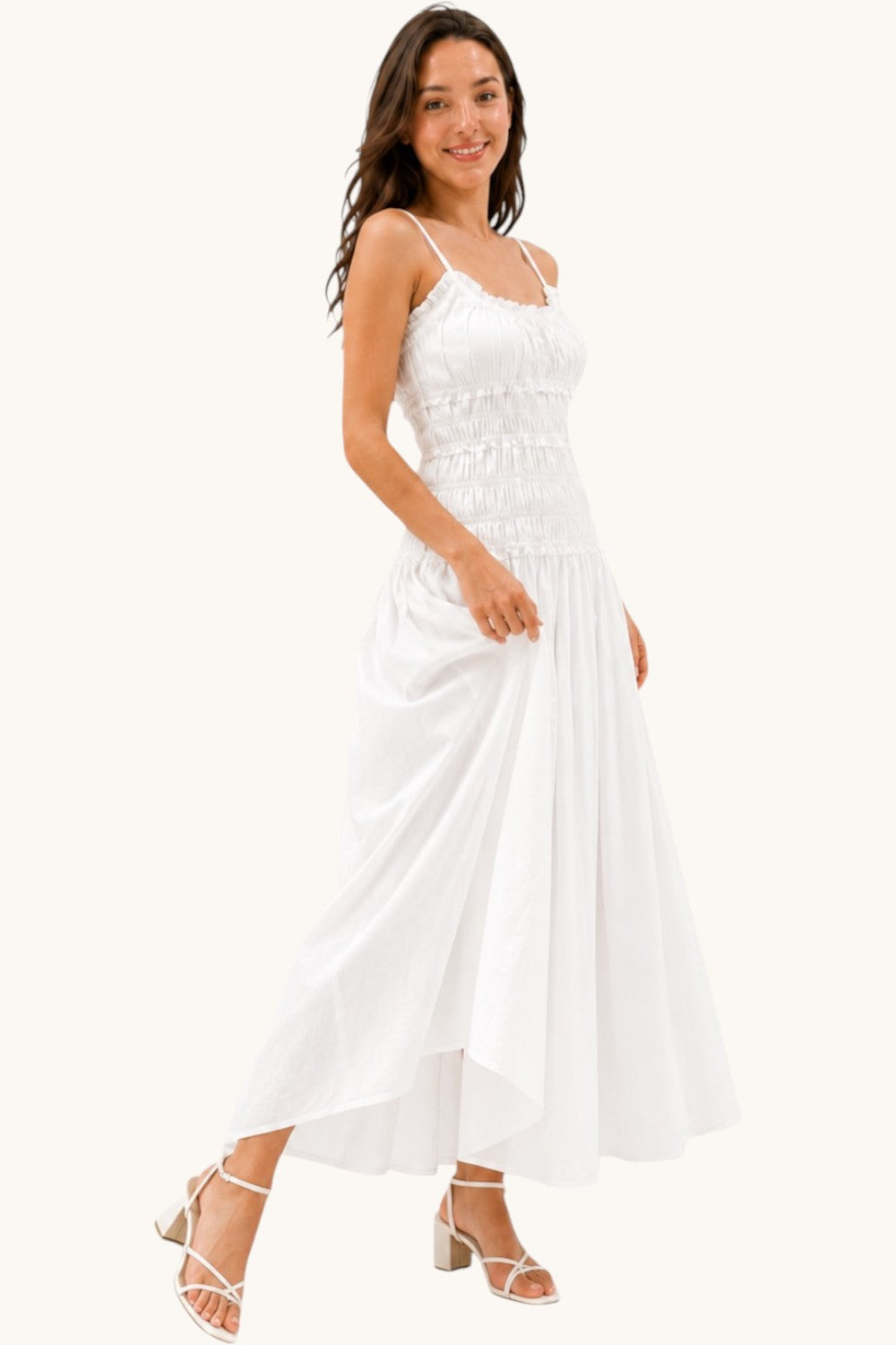 White Cotton Linen Cami Maxi Dress Non-Sheer Flowy Summer