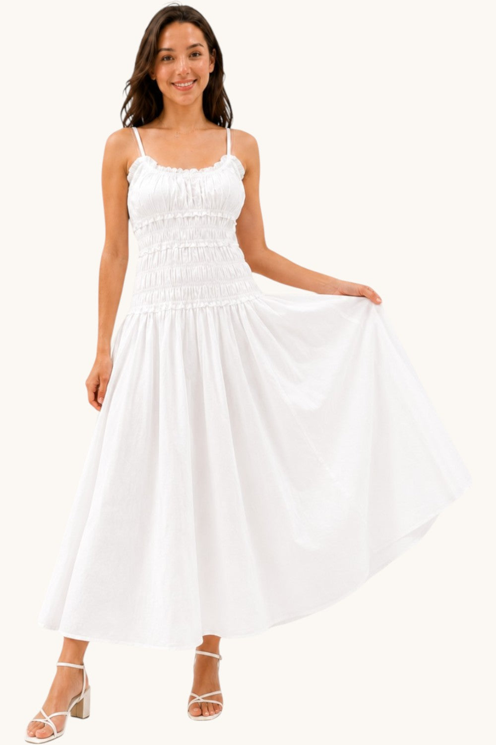 White Cotton Linen Cami Maxi Dress Non-Sheer Flowy Summer